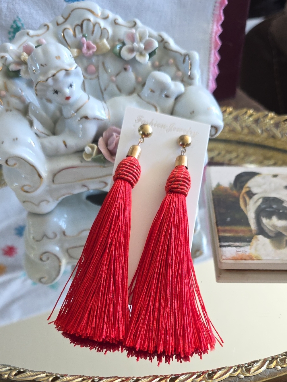 Fashion Jewelry Bright Red Tassel Drop Earrings with Gold Accents